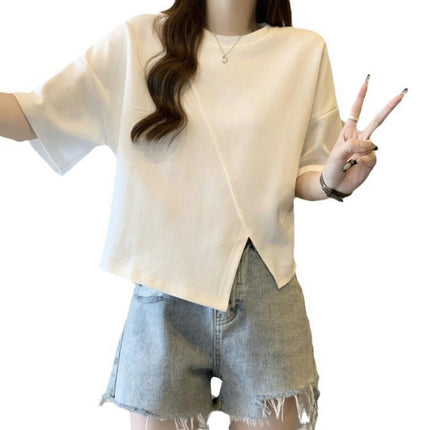 Women's Round Neck Tee Shirt Short Sleeve Slit Asymmetrical Hem Crop Tops