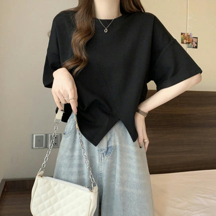 Women's Round Neck Tee Shirt Short Sleeve Slit Asymmetrical Hem Crop Tops