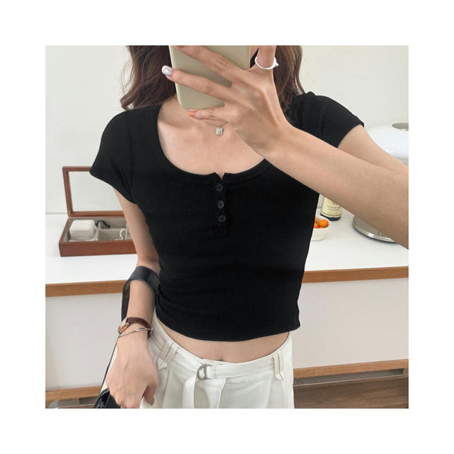 Women Scoop Neck Short Sleeve Crop Tops Button Down Ribbed Slim Fit T Shirts