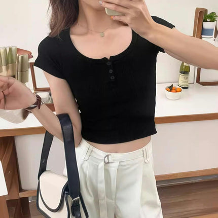 Women Scoop Neck Short Sleeve Crop Tops Button Down Ribbed Slim Fit T Shirts