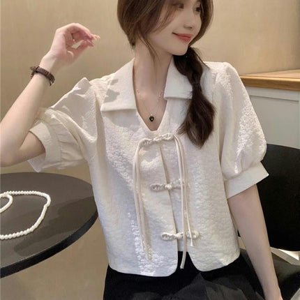 Womens Crop Button Down Shirts Casual Short Sleeve Lapel Blouse Tops