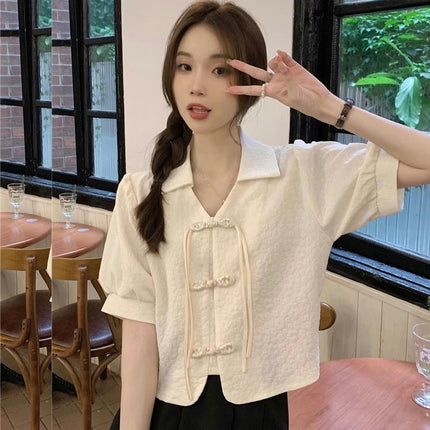 Womens Crop Button Down Shirts Casual Short Sleeve Lapel Blouse Tops