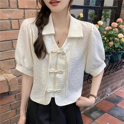 Womens Crop Button Down Shirts Casual Short Sleeve Lapel Blouse Tops