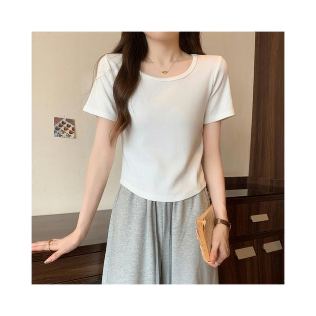 Women Summer Round Neck Short Sleeve Crop Tops Casual Slim Fit T Shirts