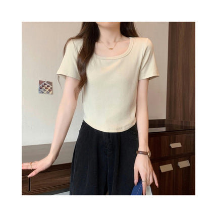 Women Summer Round Neck Short Sleeve Crop Tops Casual Slim Fit T Shirts