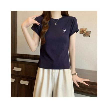 Women Bow Embroidery T-Shirt Short Sleeve Tees Slim Fit Summer Basic Crop Top