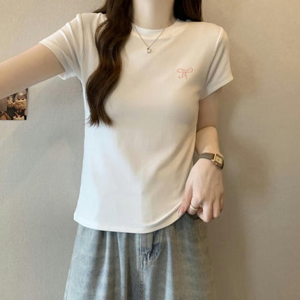 Women Bow Embroidery T-Shirt Short Sleeve Tees Slim Fit Summer Basic Crop Top