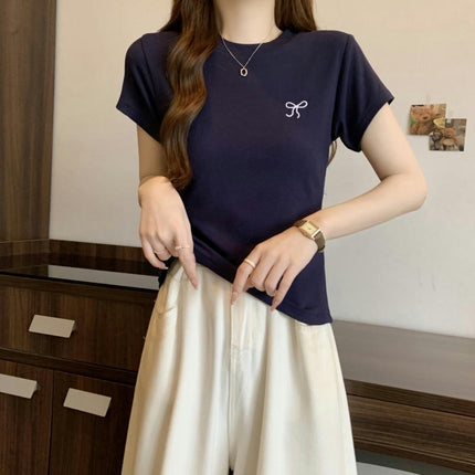 Women Bow Embroidery T-Shirt Short Sleeve Tees Slim Fit Summer Basic Crop Top