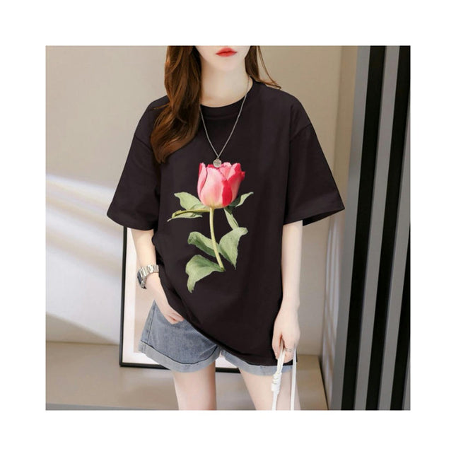 Womens Summer Loose Tops Casual Short Sleeve Round Neck Floral Printed T Shirts