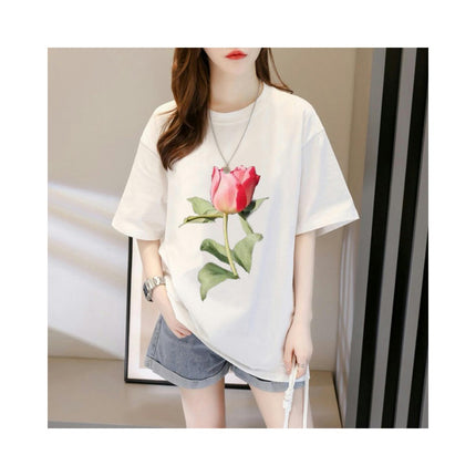 Womens Summer Loose Tops Casual Short Sleeve Round Neck Floral Printed T Shirts