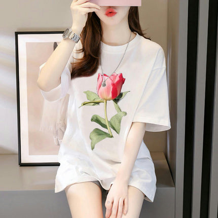 Womens Summer Loose Tops Casual Short Sleeve Round Neck Floral Printed T Shirts