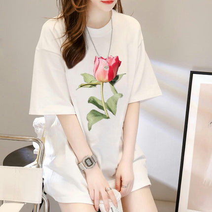 Womens Summer Loose Tops Casual Short Sleeve Round Neck Floral Printed T Shirts