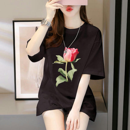 Womens Summer Loose Tops Casual Short Sleeve Round Neck Floral Printed T Shirts