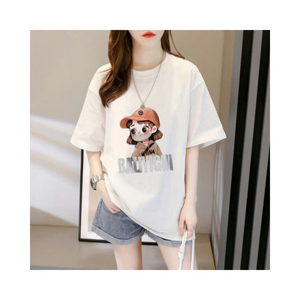 Womens Summer Loose Printed Tops Casual Short Sleeve Round Neck T Shirts