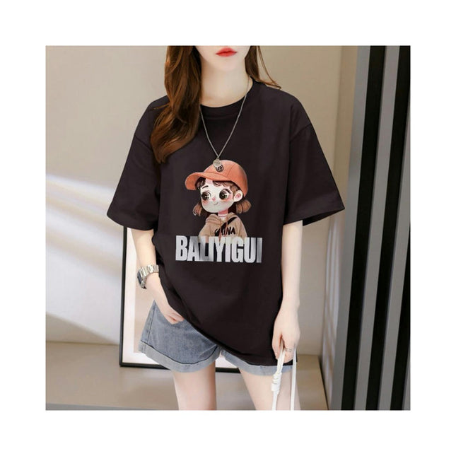 Womens Summer Loose Printed Tops Casual Short Sleeve Round Neck T Shirts