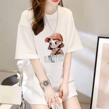 Womens Summer Loose Printed Tops Casual Short Sleeve Round Neck T Shirts