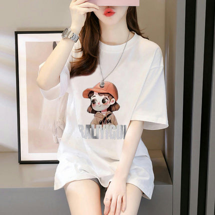 Womens Summer Loose Printed Tops Casual Short Sleeve Round Neck T Shirts