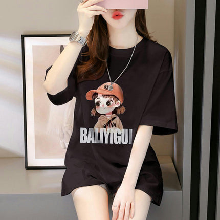 Womens Summer Loose Printed Tops Casual Short Sleeve Round Neck T Shirts