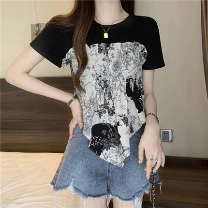 Womens Crew Neck T Shirt Casual Tops Asymmetrical Hem Short Sleeve Tee Shirt