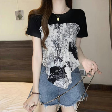 Womens Crew Neck T Shirt Casual Tops Asymmetrical Hem Short Sleeve Tee Shirt