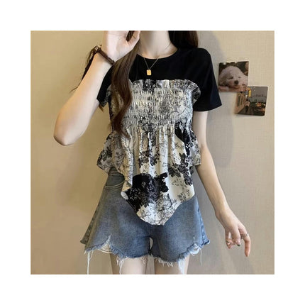 Womens Crew Neck T Shirt Casual Tops Asymmetrical Hem Short Sleeve Tee Shirt