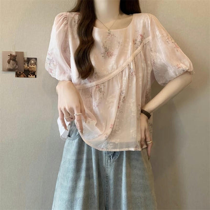 Women's Puff Short Sleeve Shirt Pleated Blouses Summer Floral Tops