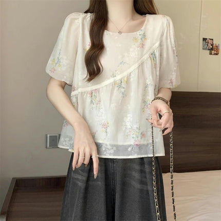 Women's Puff Short Sleeve Shirt Pleated Blouses Summer Floral Tops