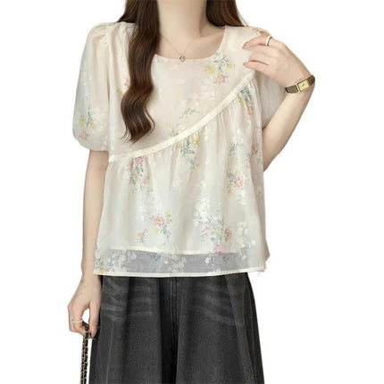 Women's Puff Short Sleeve Shirt Pleated Blouses Summer Floral Tops