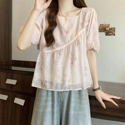 Women's Puff Short Sleeve Shirt Pleated Blouses Summer Floral Tops