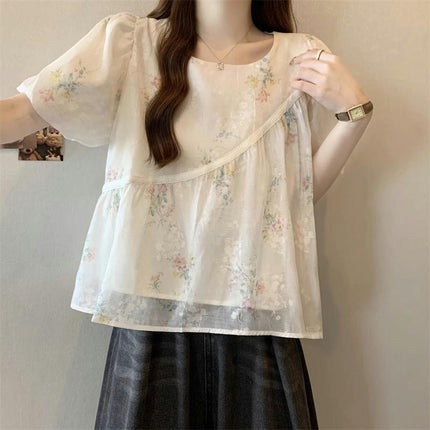 Women's Puff Short Sleeve Shirt Pleated Blouses Summer Floral Tops