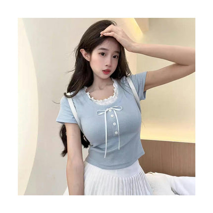 Women's Casual Short Sleeve Ruffles Round Neck Crop Tops Slim Fit Tee Shirts