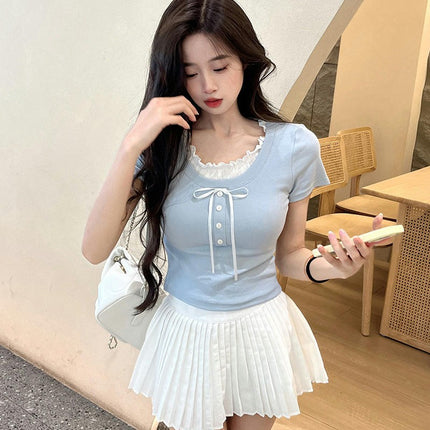 Women's Casual Short Sleeve Ruffles Round Neck Crop Tops Slim Fit Tee Shirts