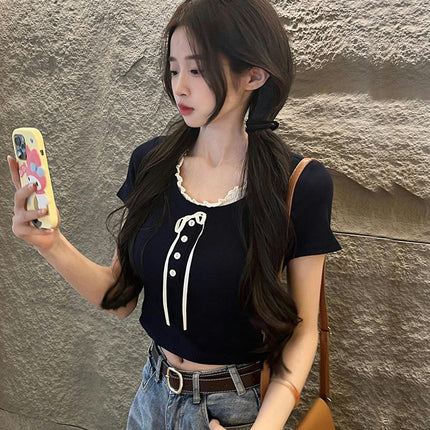 Women's Casual Short Sleeve Ruffles Round Neck Crop Tops Slim Fit Tee Shirts