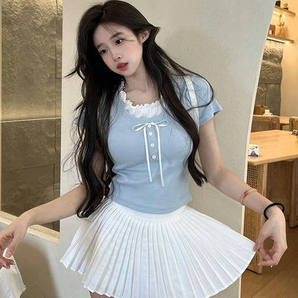 Women's Casual Short Sleeve Ruffles Round Neck Crop Tops Slim Fit Tee Shirts