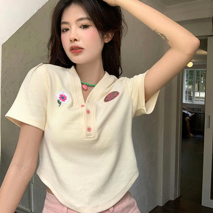 Women V Neck Button T-Shirt Short Sleeve Slim Fit Summer Crop Top