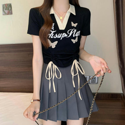 Women's Casual Short Sleeve Crop Tops Colorblock Collared Drawstring T Shirts