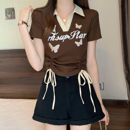 Women's Casual Short Sleeve Crop Tops Colorblock Collared Drawstring T Shirts