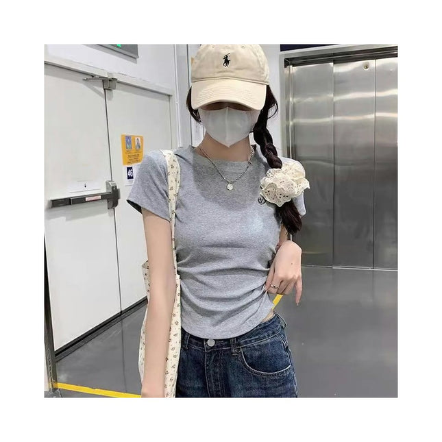 Women's Casual Short Sleeve Embroidery Round Neck Crop Tops Slim Fit Tee Shirts