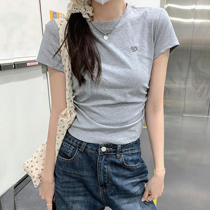 Women's Casual Short Sleeve Embroidery Round Neck Crop Tops Slim Fit Tee Shirts