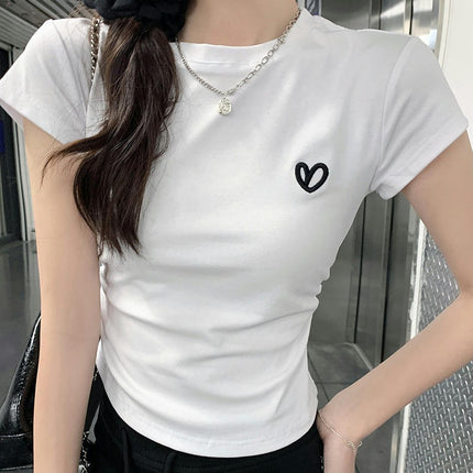 Women's Casual Short Sleeve Embroidery Round Neck Crop Tops Slim Fit Tee Shirts