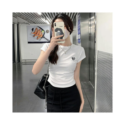 Women's Casual Short Sleeve Embroidery Round Neck Crop Tops Slim Fit Tee Shirts