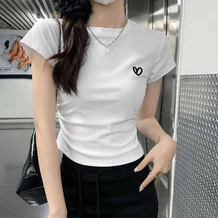 Women's Casual Short Sleeve Embroidery Round Neck Crop Tops Slim Fit Tee Shirts