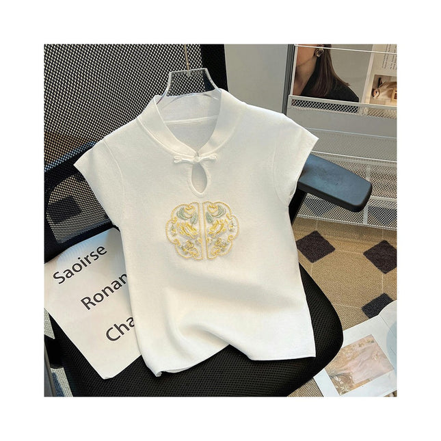 Women's Stand Collar Embroidery Short Sleeve Crop Tops Slim Fit Tee Shirts