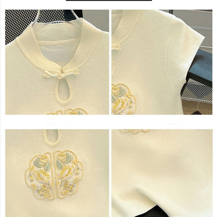 Women's Stand Collar Embroidery Short Sleeve Crop Tops Slim Fit Tee Shirts