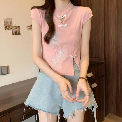 Women's Stand Collar Short Sleeve Crop Tops Embroidery Slim Fit Tee Shirts