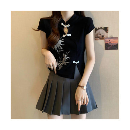 Women's Stand Collar Short Sleeve Crop Tops Embroidery Slim Fit Tee Shirts