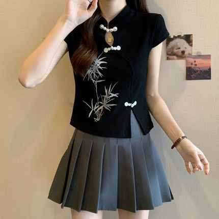 Women's Stand Collar Short Sleeve Crop Tops Embroidery Slim Fit Tee Shirts