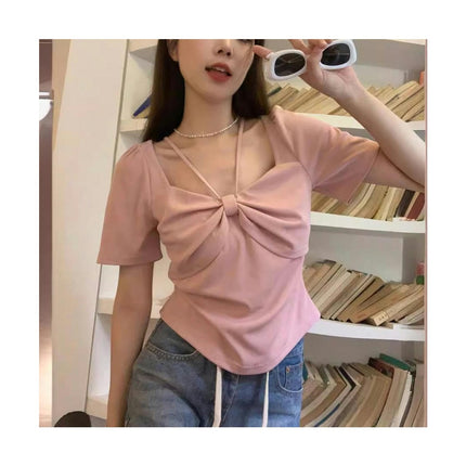 Women's Puff Short Sleeve Shirt Square Neck Ruched Summer Bow Crop Tops