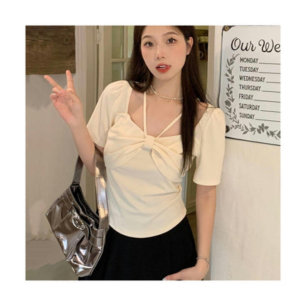 Women's Puff Short Sleeve Shirt Square Neck Ruched Summer Bow Crop Tops