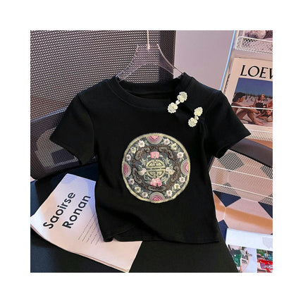 Women's Casual Short Sleeve Cut Out Round Neck Crop Tops Slim Fit Embroidery Tee Shirts